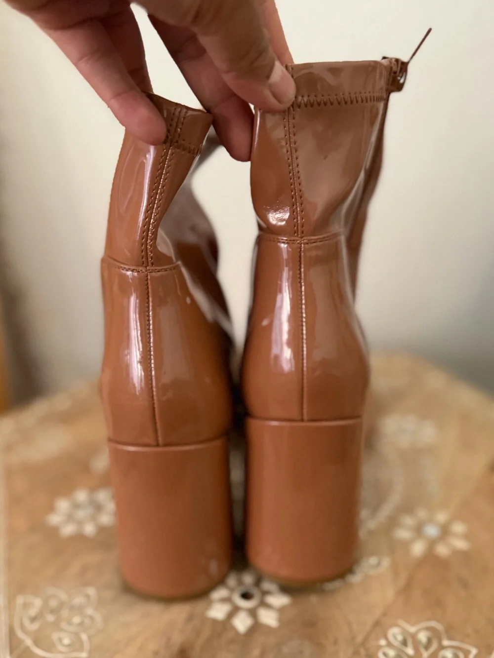 Patent Leather Mid-Heel Ankle Boots - Brown